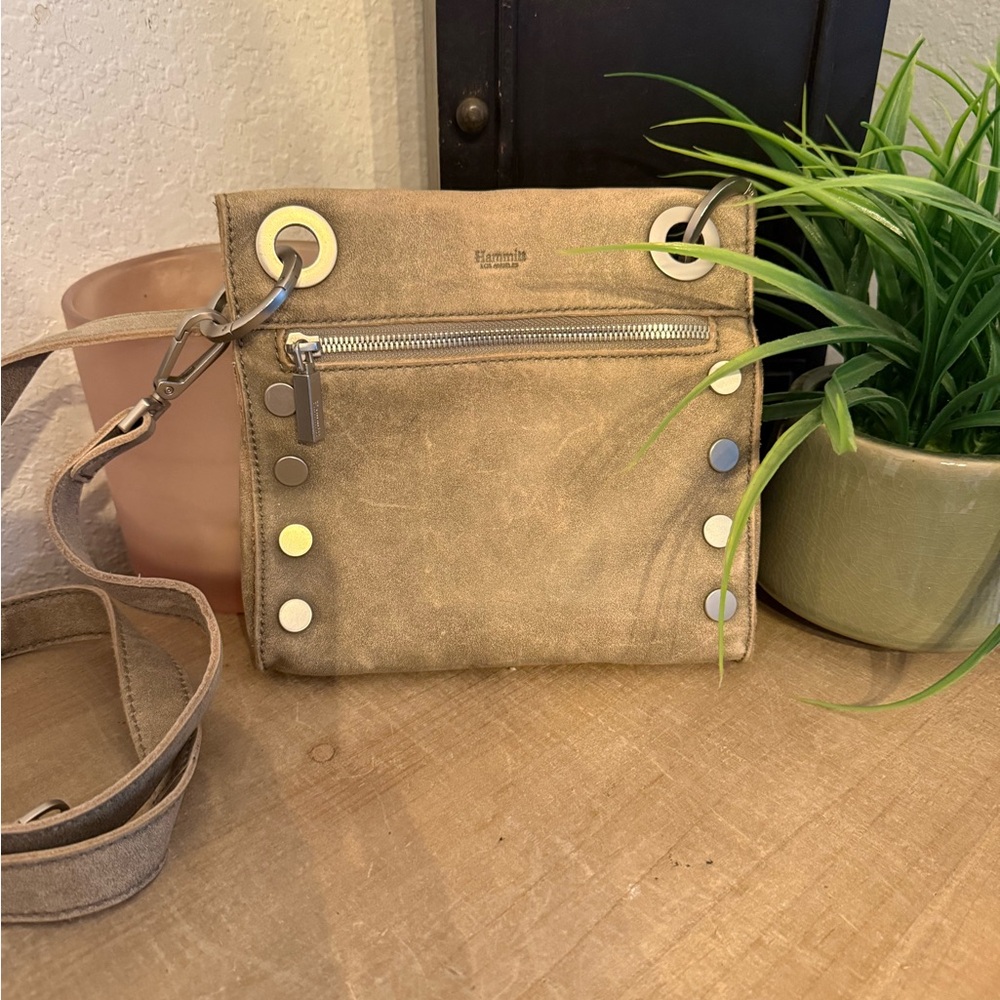 Hammitt Crossbody Bag – Suede | Taupe / Stone Grey | Grommet & Stud Detail